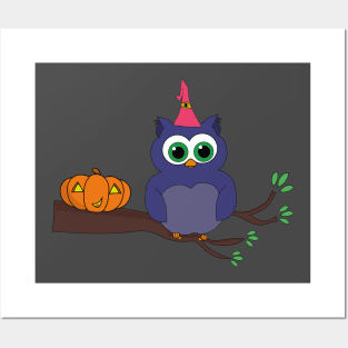 Halloween Cute Owl and a Pumpkin Posters and Art
